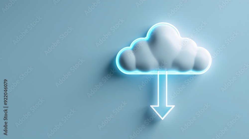 Poster digital cloud icon with a glowing outline and downward arrow on a blue background, representing clou
