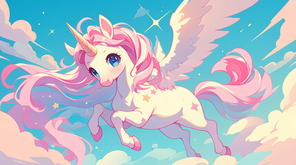 Obraz premium cute pinky unicorn colorful with blue sky background