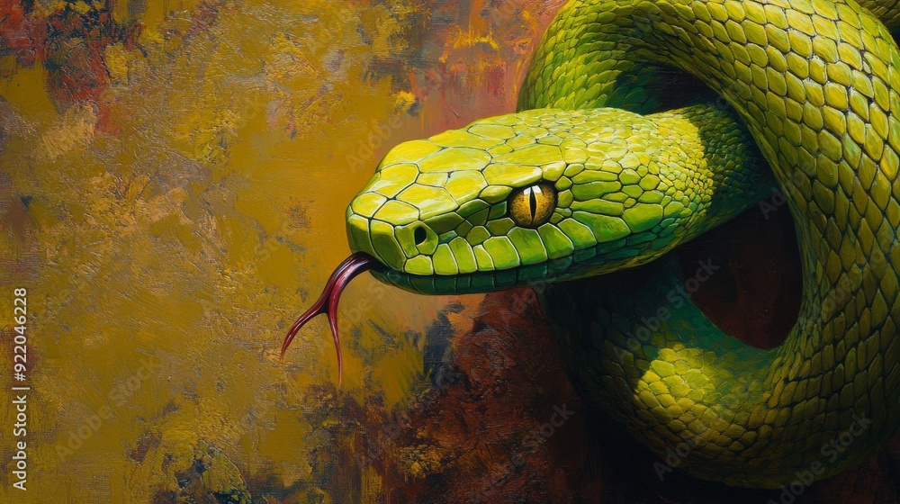 Poster green tree python sticking out tongue on yellow background