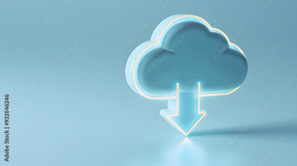 Poster digital cloud icon with down arrow, representing online data storage and cloud computing, on a blue 