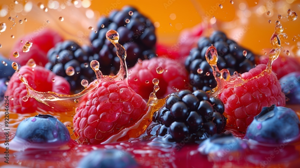 Poster berries splashing in vibrant juice with droplets in a refreshing display