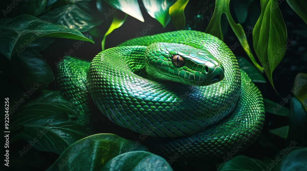 Poster green tree python resting on a branch in the rainforest