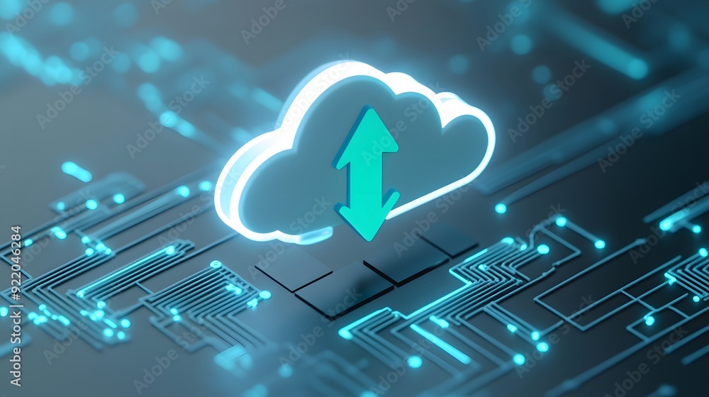 Poster digital cloud icon with upload and download arrows on a circuit board, representing cloud computing 