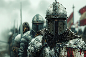Medieval templar knights in detailed armor with weathered shields standing in formation on a foggy battlefield. Concepts of historical warfare, bravery, and medieval military tactics.