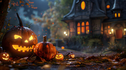 Beautiful colorful background for Halloween with pumpkins. AI Generated