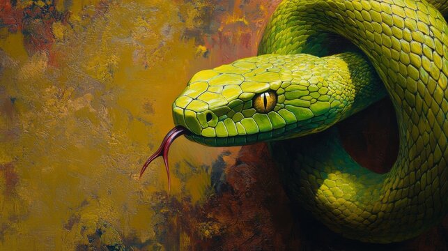 Green tree python sticking out tongue on yellow background