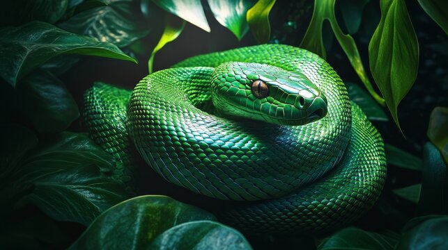 Green tree python resting on a branch in the rainforest