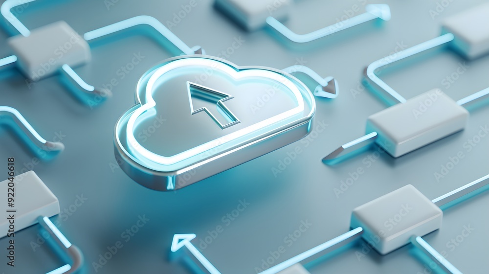 Poster digital cloud storage concept with a glowing cloud icon and interconnected blocks representing netwo