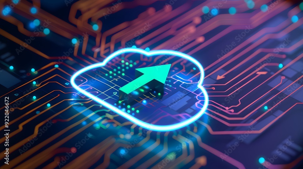 Poster digital cloud storage concept with an arrow symbol, depicting data upload on a futuristic circuit bo