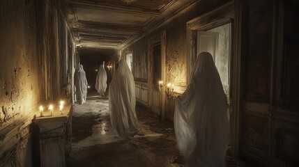 Obraz premium Ghosts walking in abandoned hotel corridor at night