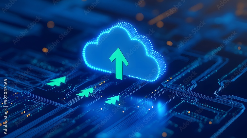 Poster digital cloud technology with an arrow symbolizing data upload. futuristic neon blue circuit board b