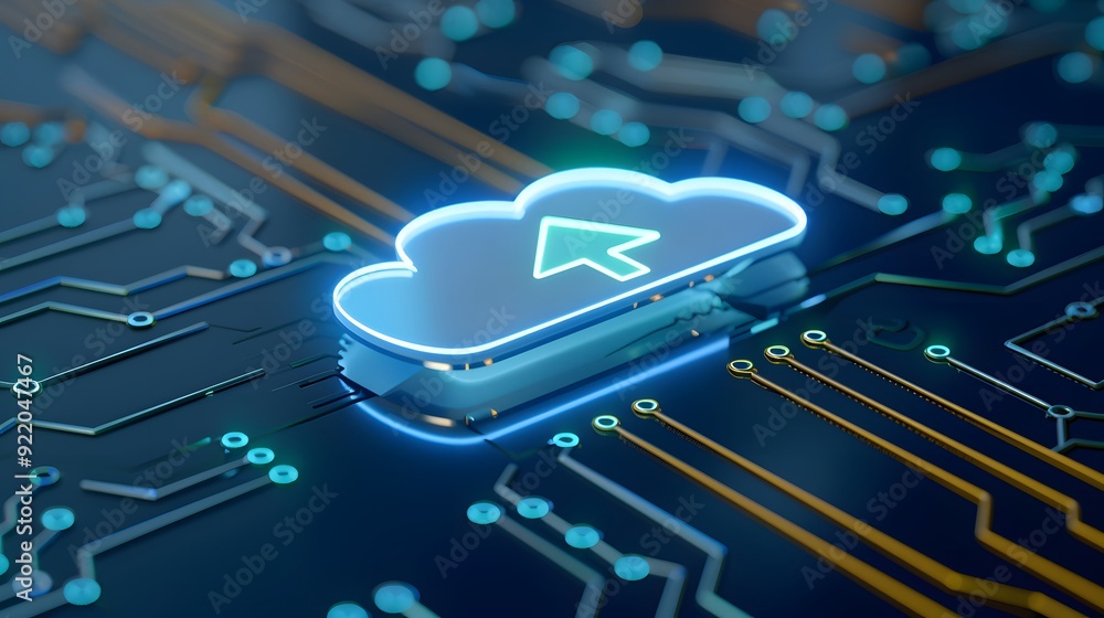 Poster digital cloud technology representation with an upload icon on a circuit board, symbolizing internet