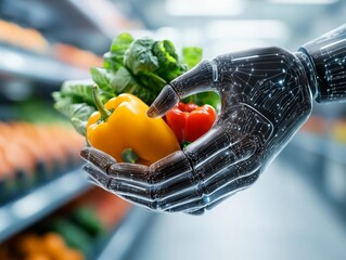 A robotic hand holding fresh produce in a supermarket aisle.  This image represents the future of technology in grocery shopping.
