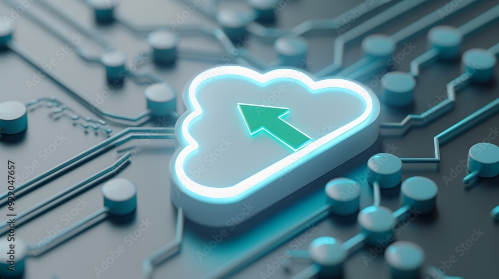 Poster digital cloud upload icon on a blue circuit board, representing cloud computing and technology in a 