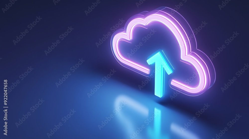 Poster digital cloud upload icon in neon blue and pink lighting, representing modern data storage and cloud