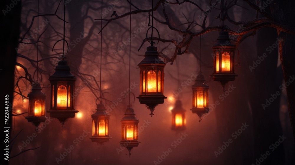 Poster lanterns hanging in a spooky forest at night creating a path through the fog