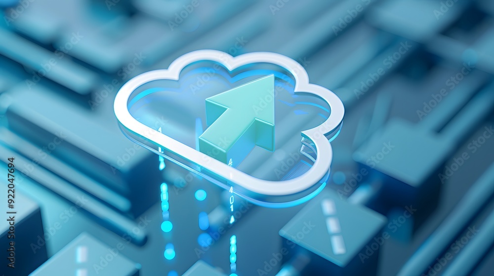 Poster digital cloud upload icon on a blue, abstract, technology-themed background, symbolizing data storag