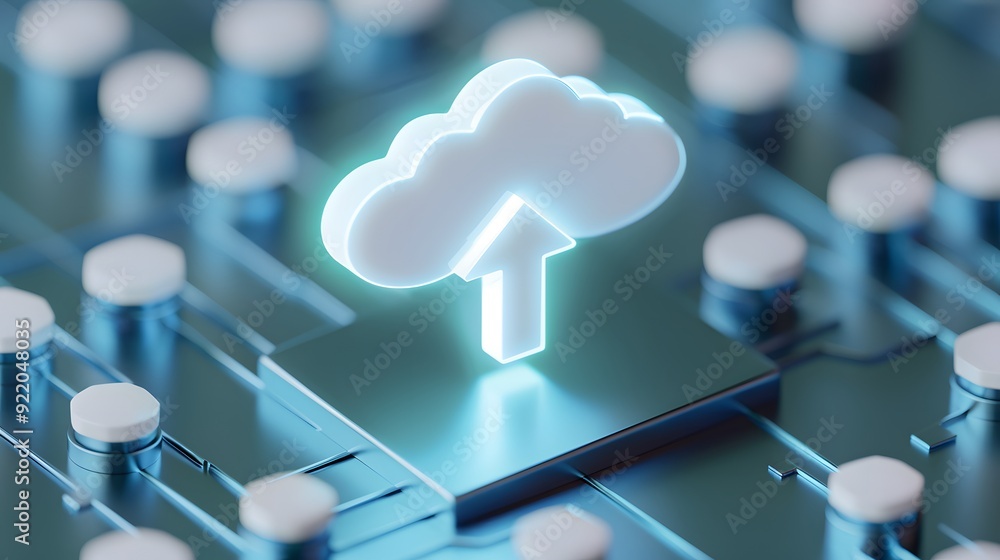 Aufkleber digital cloud with an upward arrow on a circuit board, symbolizing cloud computing and data storage 