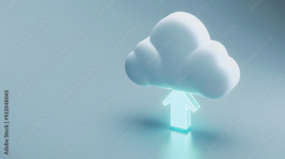Poster digital cloud with an upward arrow symbolizing cloud computing, data storage, or data upload. concep