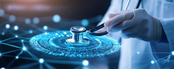 Doctor holding a stethoscope over a digital network.