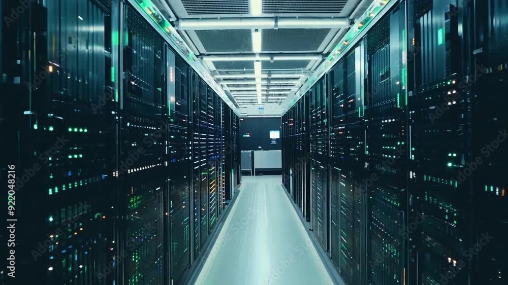 Poster rows of server racks in a high-tech data center are illuminated, showcasing the technology at work d