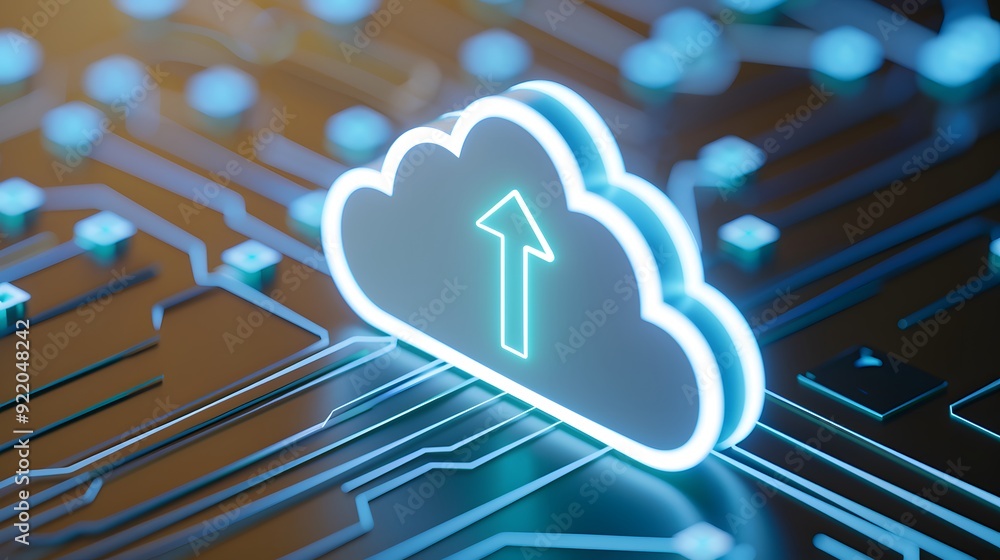Aufkleber digital cloud with upload arrow icon glowing, representing technology and data storage on a circuit 