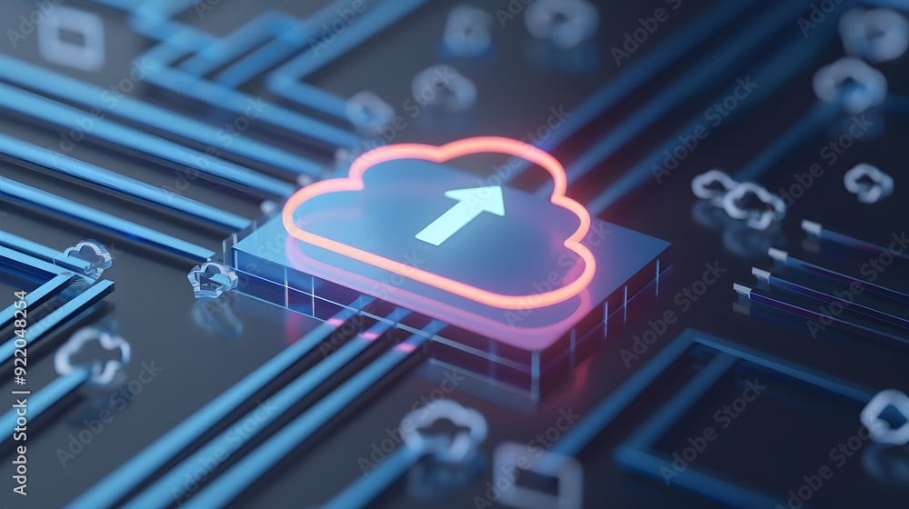 Poster digital cloud with upward arrow signifies data transfer and internet technology in a modern digital 