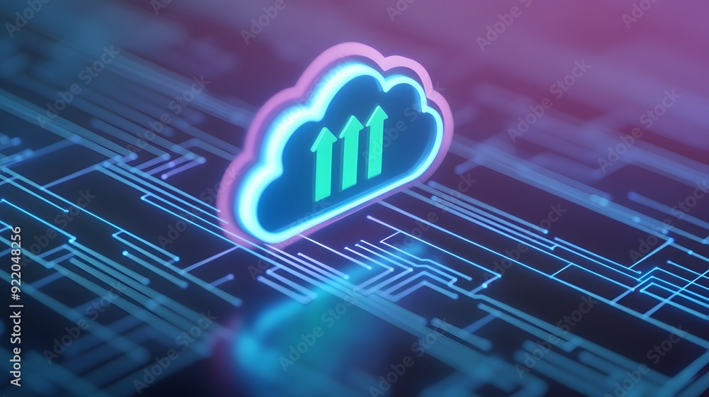 Poster digital cloud with upward arrows symbolizing data storage or transfer in advanced technology network
