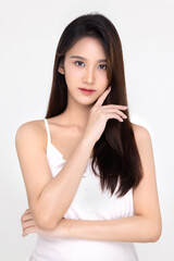 Fototapeta premium Beautiful young Asian woman with natural beauty make up style shows healthy and perfect skin on isolated background. Facial and skin care concept for commercial advertising.