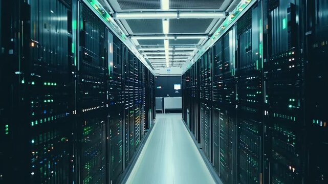 Rows of server racks in a high-tech data center are illuminated, showcasing the technology at work during evening hours.