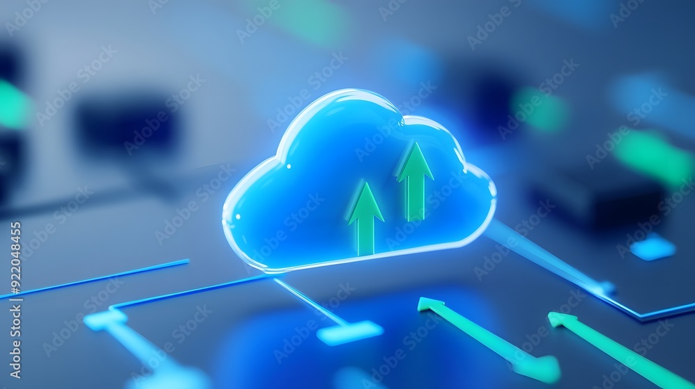 Poster digital illustration of cloud computing technology concept with glowing cloud icon and arrows pointi