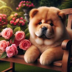 Niedlicher Chow Chow im Rosengarten