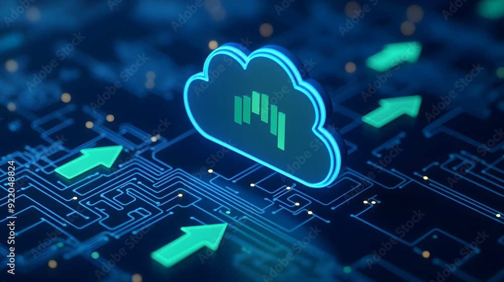 Poster digital representation of cloud computing with circuit board and green arrows. symbolizes data stora