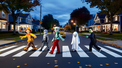 Kids, children in the neighborhood wearing costumes crossing residential street at twilight in the spooky Halloween parade.