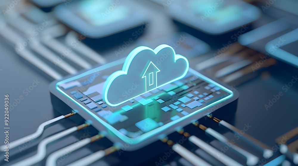 Poster digital visualization of cloud computing, symbolizing data storage, cloud technology, and network in