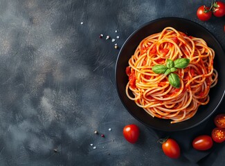 Photo of Spaghetti with tomato sauce in black bowl on dark background, top view. Space for text stock 