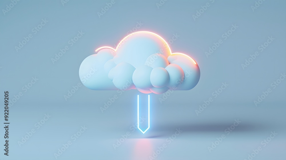 Poster futuristic 3d cloud icon with neon glow against blue background, representing cloud computing and da