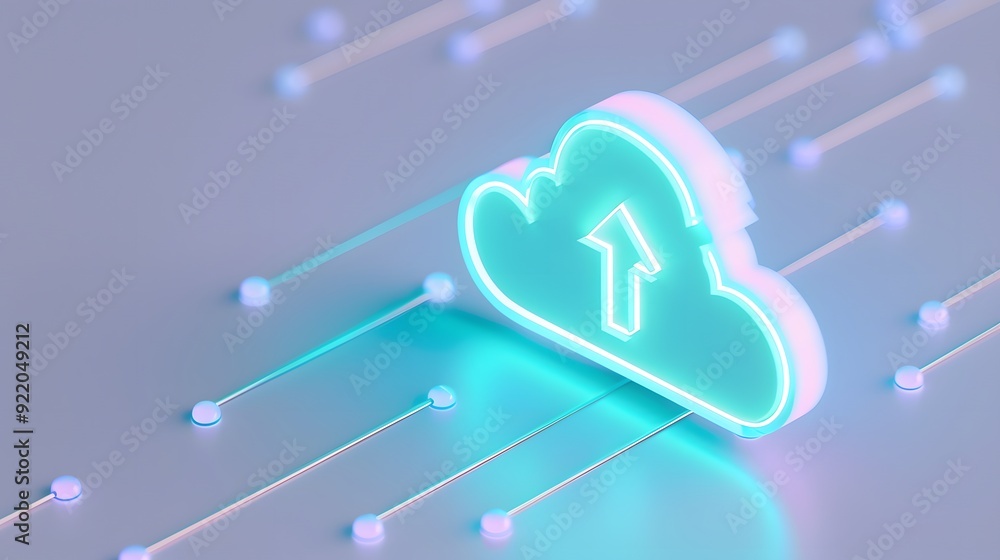 Poster futuristic 3d cloud icon with upward arrow, symbolizing cloud computing, data uploading, and modern 