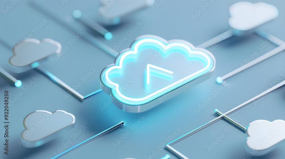 Poster futuristic 3d illustration of cloud computing concept with glowing cloud icons and network connectio