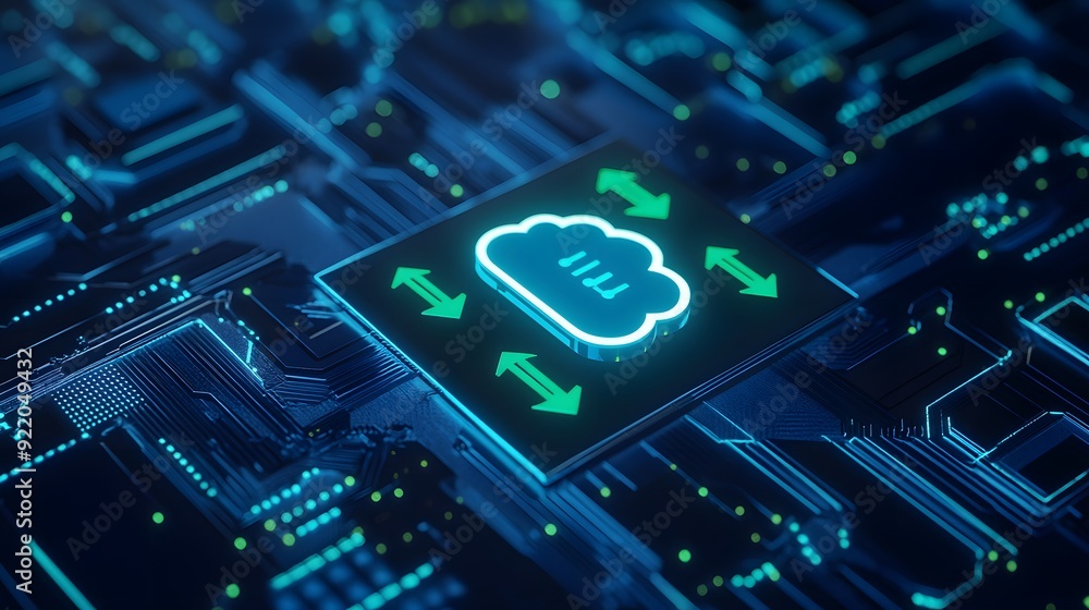 Poster futuristic circuit board with a glowing cloud storage icon, representing cloud computing and data tr