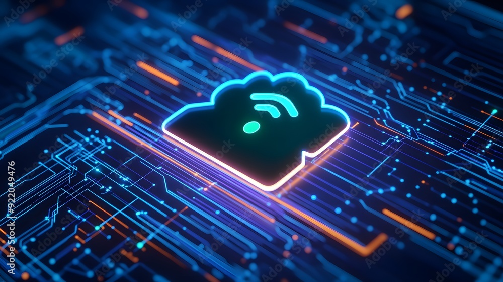 Poster futuristic circuit board with glowing cloud computing and wifi icon, representing technology and con