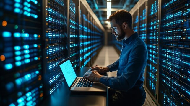 A man is working on a laptop in a room full of computer servers