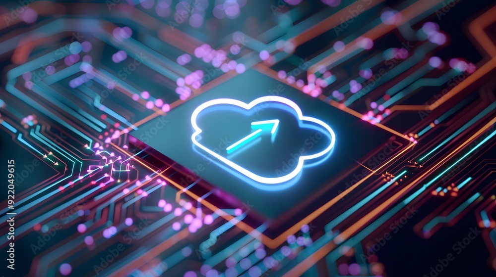 Poster futuristic cloud computing and data network concept with an illuminated cloud upload icon on a vibra