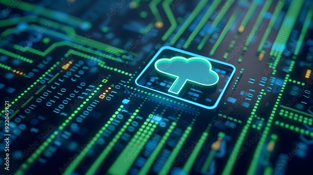 Poster futuristic cloud computing circuit board illustration symbolizes connected technology for data stora