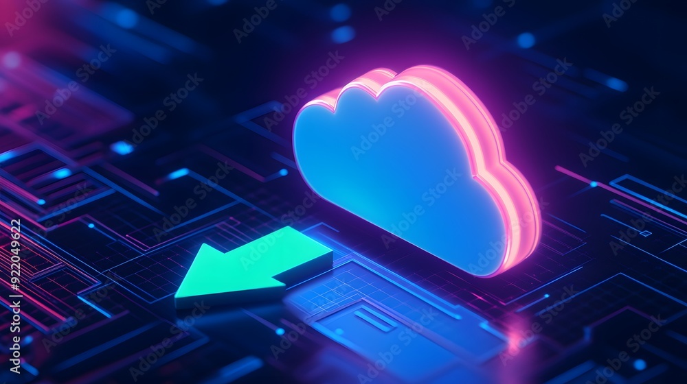 Poster futuristic cloud computing concept. neon cloud icon with an arrow on a technological background depi