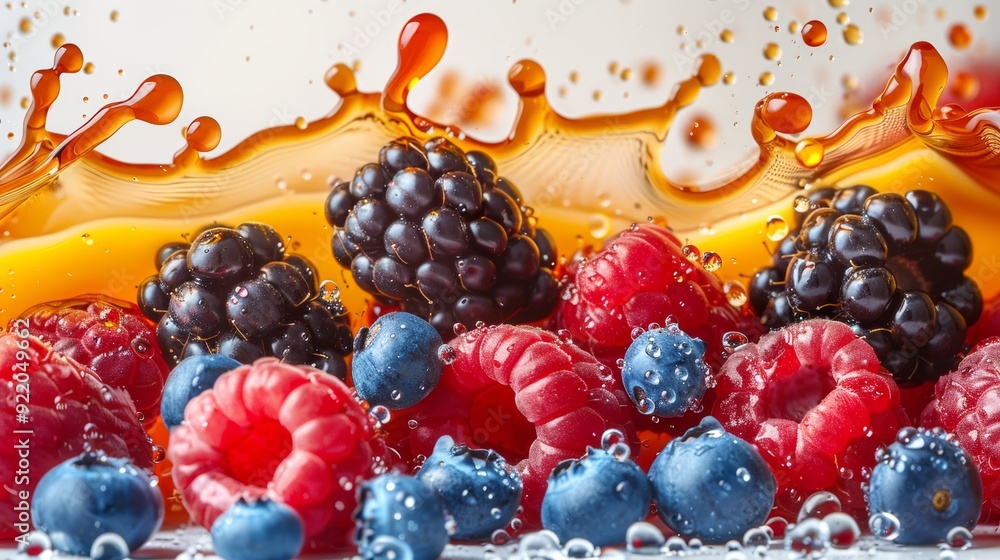 Poster fresh berries splashing in citrus juice with water droplets, close-up in a bright setting