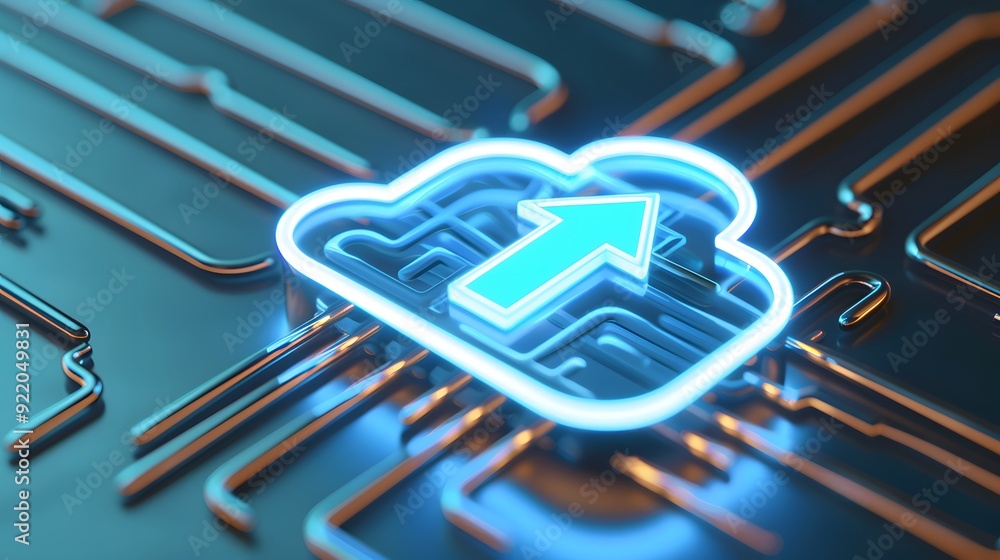 Poster futuristic cloud computing concept with a glowing cloud icon and circuit lines, representing data up