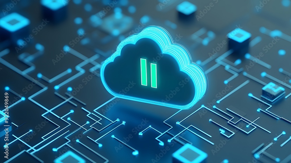 Poster futuristic cloud computing concept with a glowing cloud icon and digital circuit design, representin