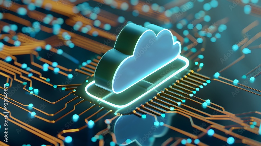 Poster futuristic cloud computing concept with a glowing cloud icon on a digital circuit board, representin