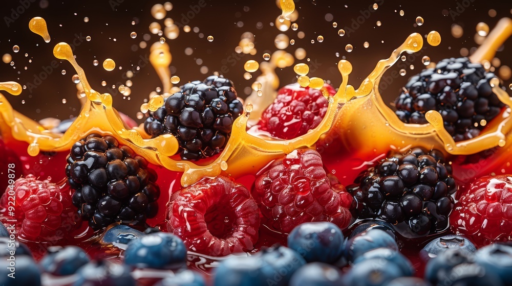 Poster berries splashing in vibrant liquid against a dark background during a dynamic culinary presentation